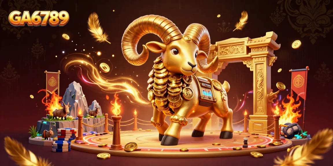 Experience GA6789's thrilling action with a golden ram charging through a vibrant casino scene.