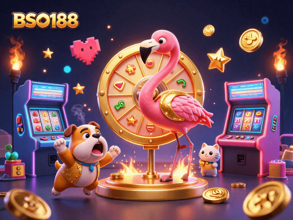 Engage with BSO188 as a cartoon flamingo spins a prize wheel surrounded by lively casino elements.