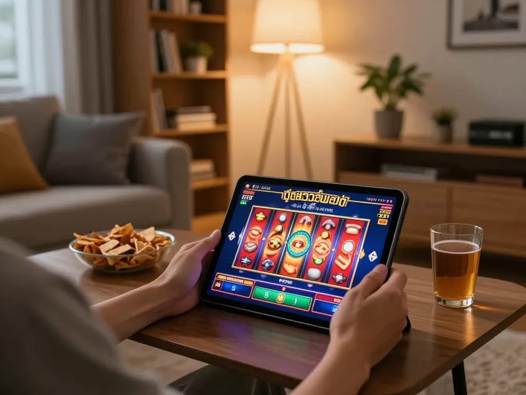Engaging in สล็อตวอเลท online gaming at home, showcasing an entertaining atmosphere with dynamic gameplay and cozy decor.
