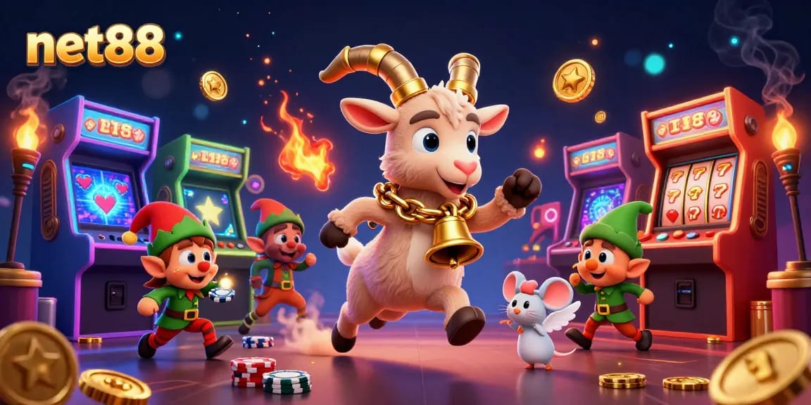 Experience thrilling wins at net88 with a festive casino scene featuring Krampus and lively gaming elements.