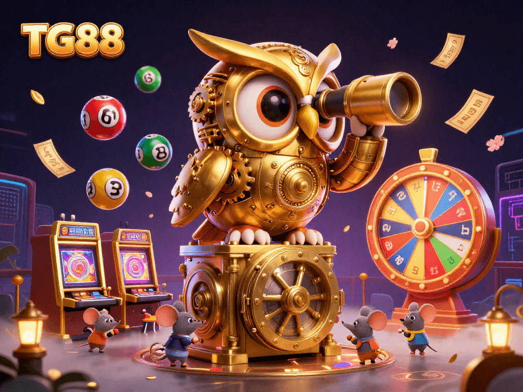 Watch dynamic gaming action at TG88, featuring cartoon characters amidst vibrant casino elements.
