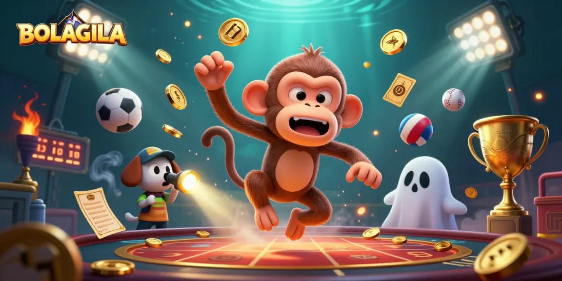 BOLAGILA reveals a vibrant 3D scene with a poltergeist monkey juggling gold coins and a ghost-hunter puppy, showcasing dynamic sports betting elements.