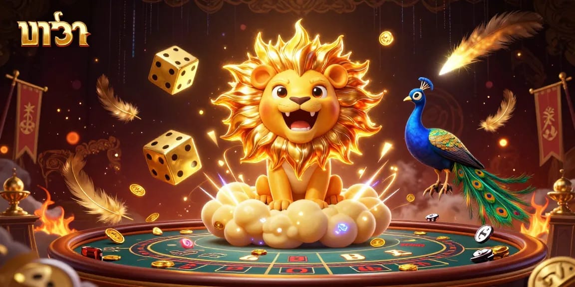 Experience baccarat excitement with a roaring lion and dynamic casino elements.