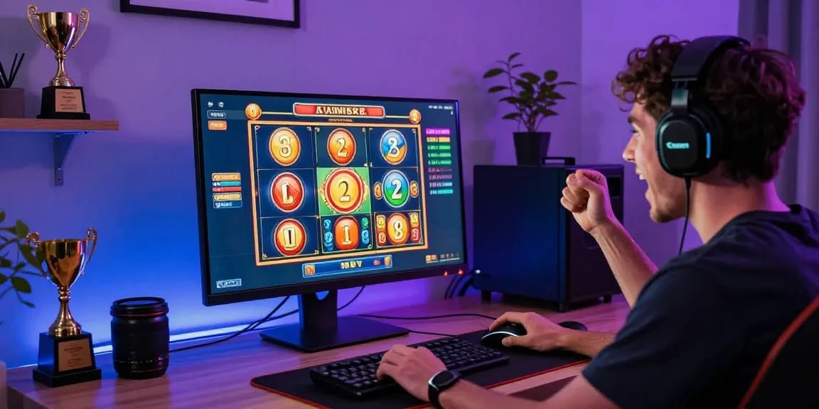 Excited player celebrating a win in dynamic slot game online, showcasing immersive gaming atmosphere.