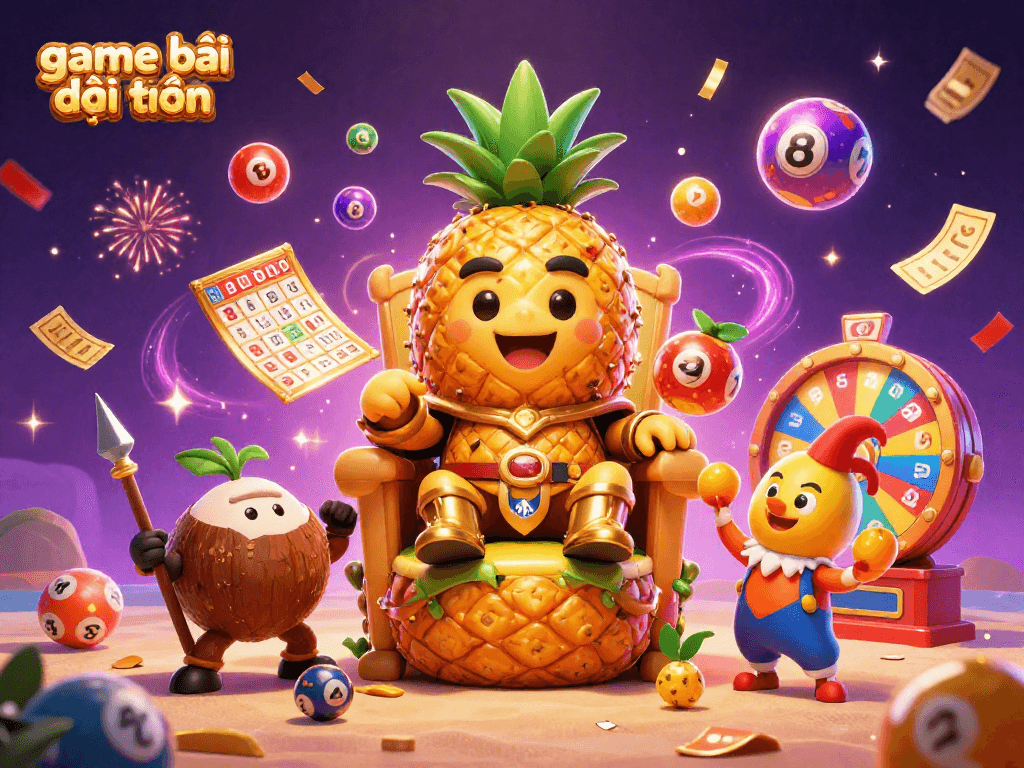 Engage with game bài đổi thưởng while enjoying festive characters and colorful lottery elements in a vibrant casino setting.