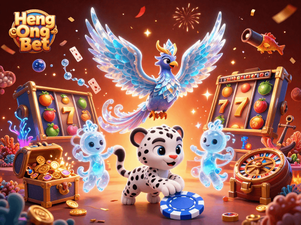 Engage in action-packed gaming at Heng Ong Bet with our vibrant casino-themed illustration featuring a mystical ice phoenix.
