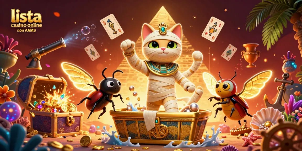 Esplora la lista casino online non AAMS con un'illustrazione di un gatto mummificato e elementi di gioco vivaci.