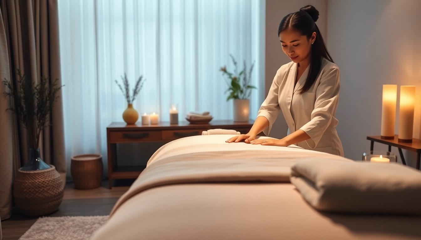 출장마사지 session highlighting a serene home setup with a professional therapist at work.