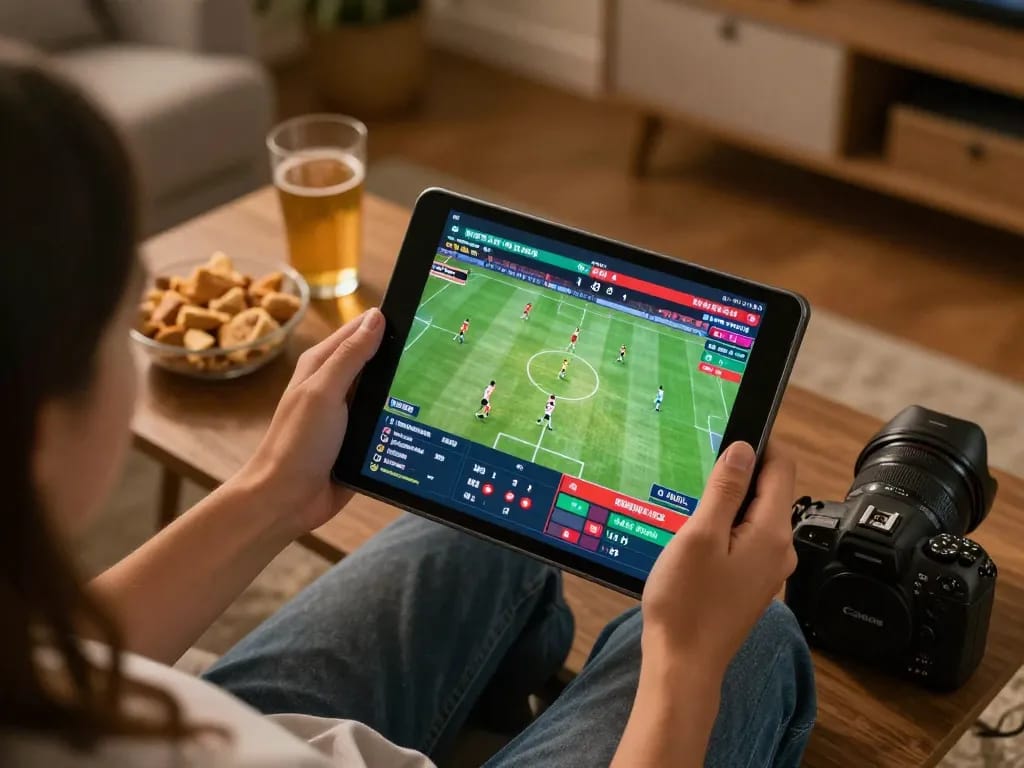 Person engaging in sports betting on 888top tablet with snacks and drinks nearby.