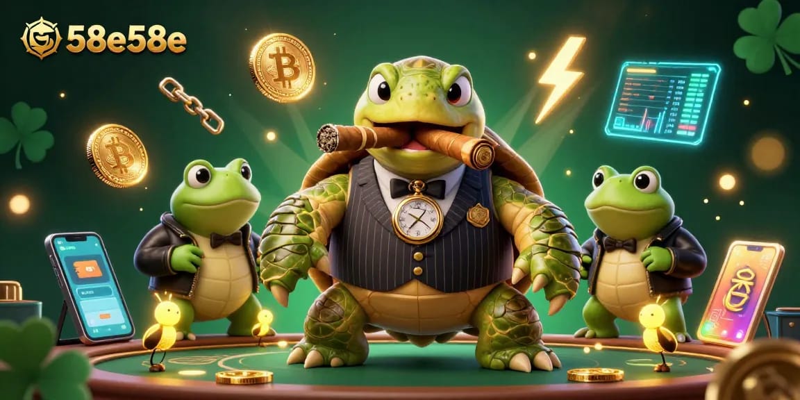 Engage with 58e58e: Experience a lively casino scene featuring a mobster turtle and crypto elements.