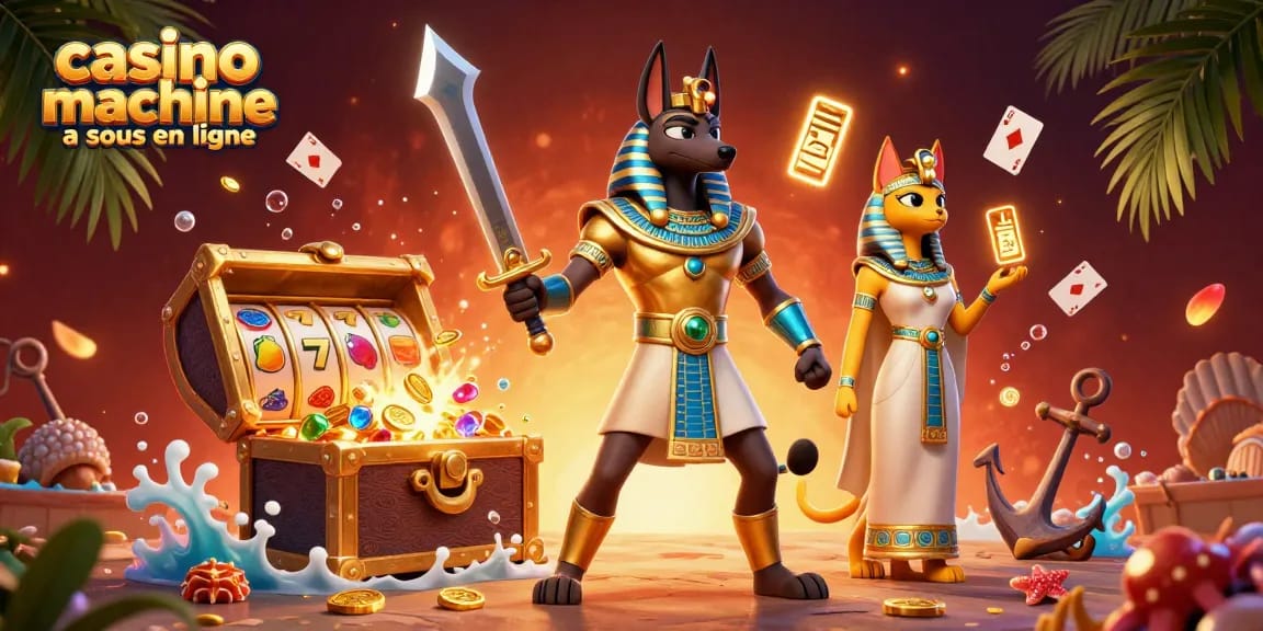 Jouer aux machines à sous en ligne dans un décor vibrant de l'Égypte ancienne avec Anubis et Bastet.
