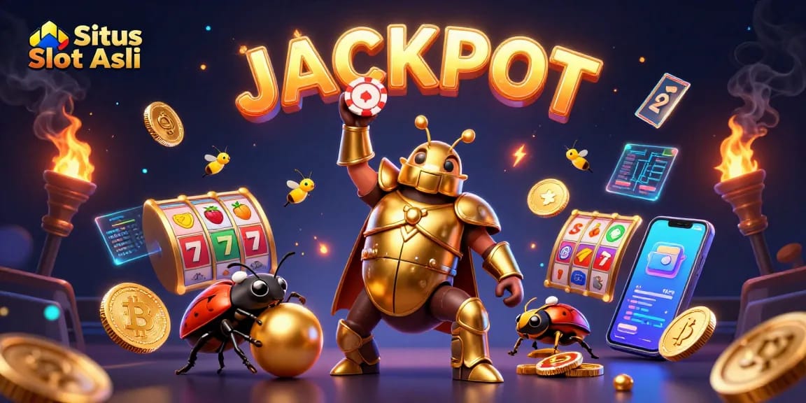 Menghadirkan Situs Slot Asli, ilustrasi 3D kartun dengan kumbang hercules bercorak emas dan simbol slot, merayakan jackpot di kasino.
