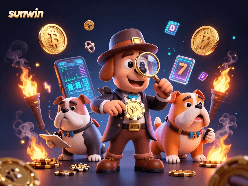 Engage in thrilling gambling adventures with Sunwin's vibrant casino scene featuring slot games and detective characters.