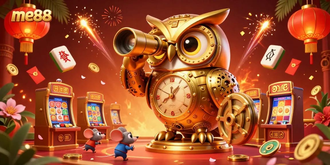 Experience the thrill of me88 with a dynamic scene of a gold owl overseeing a vibrant casino floor filled with action.