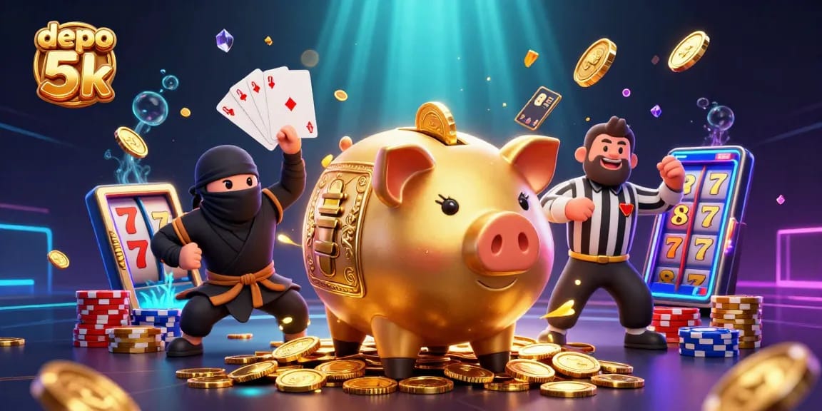 Engage players with exciting depo 5k slots featuring a dynamic scene of lucky characters and casino elements.