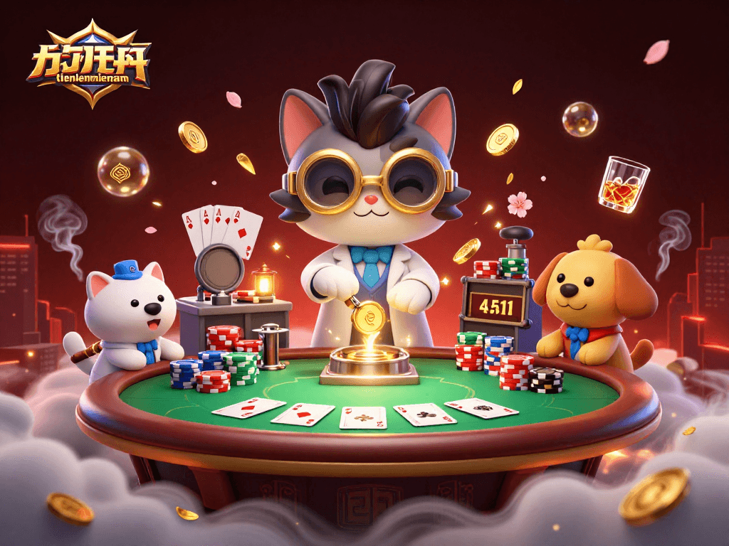 Engage in the intense challenge of poker with tienlenmiennam as playful cartoon characters strategize around a vibrant casino setting.