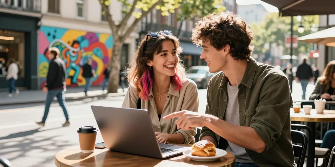 Couple enjoying a casual café moment while discussing سكس زنوج in urban setting, vibrant street art in background.