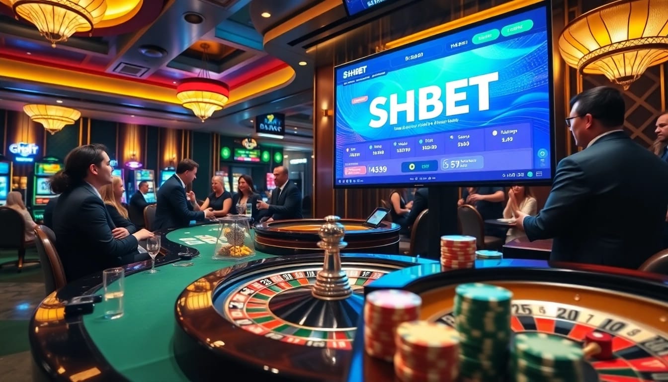 Experience the thrilling excitement of SHBET with vibrant casino tables and glowing digital displays.