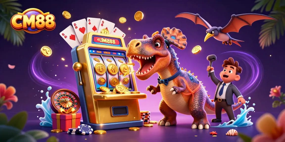 CM88 jackpot scene with a dinosaur, a casino manager, and a pteranodon collecting coins.