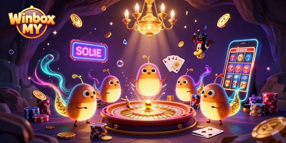 Winbox MY attracts players with vibrant animated casino elements featuring glowworms and a bat dealer.