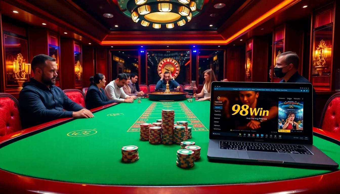 Experience the thrill of blackjack at 98win trang chủ with players engaged at an elegant poker table.