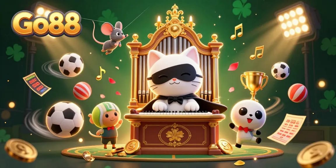 Go88 betting adventure: 3D illustration featuring a lively casino scene with dynamic sports elements.