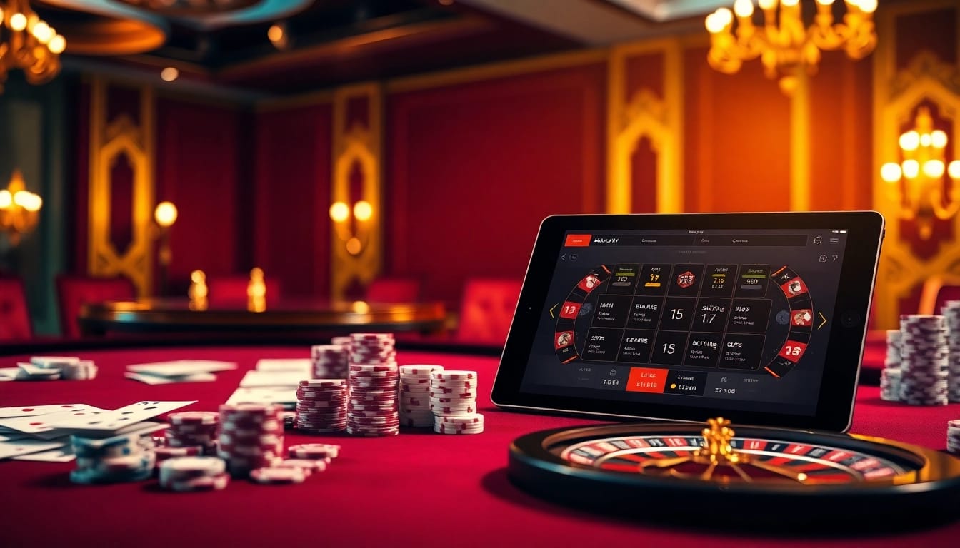 Experience thrill at https://vaoluoitv.it.com with a vibrant casino table scene showcasing poker chips and cards.