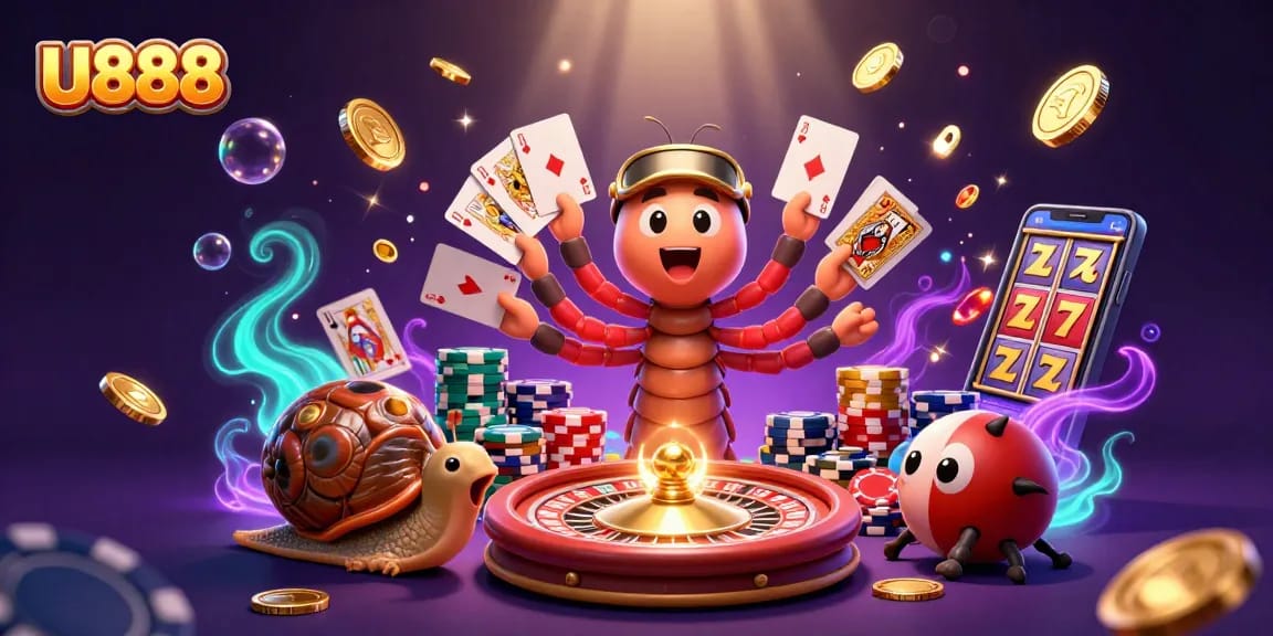 Engage with U888's thrilling casino scene featuring a vibrant millipede dealer, high-roller snail, and energetic bubble effects.