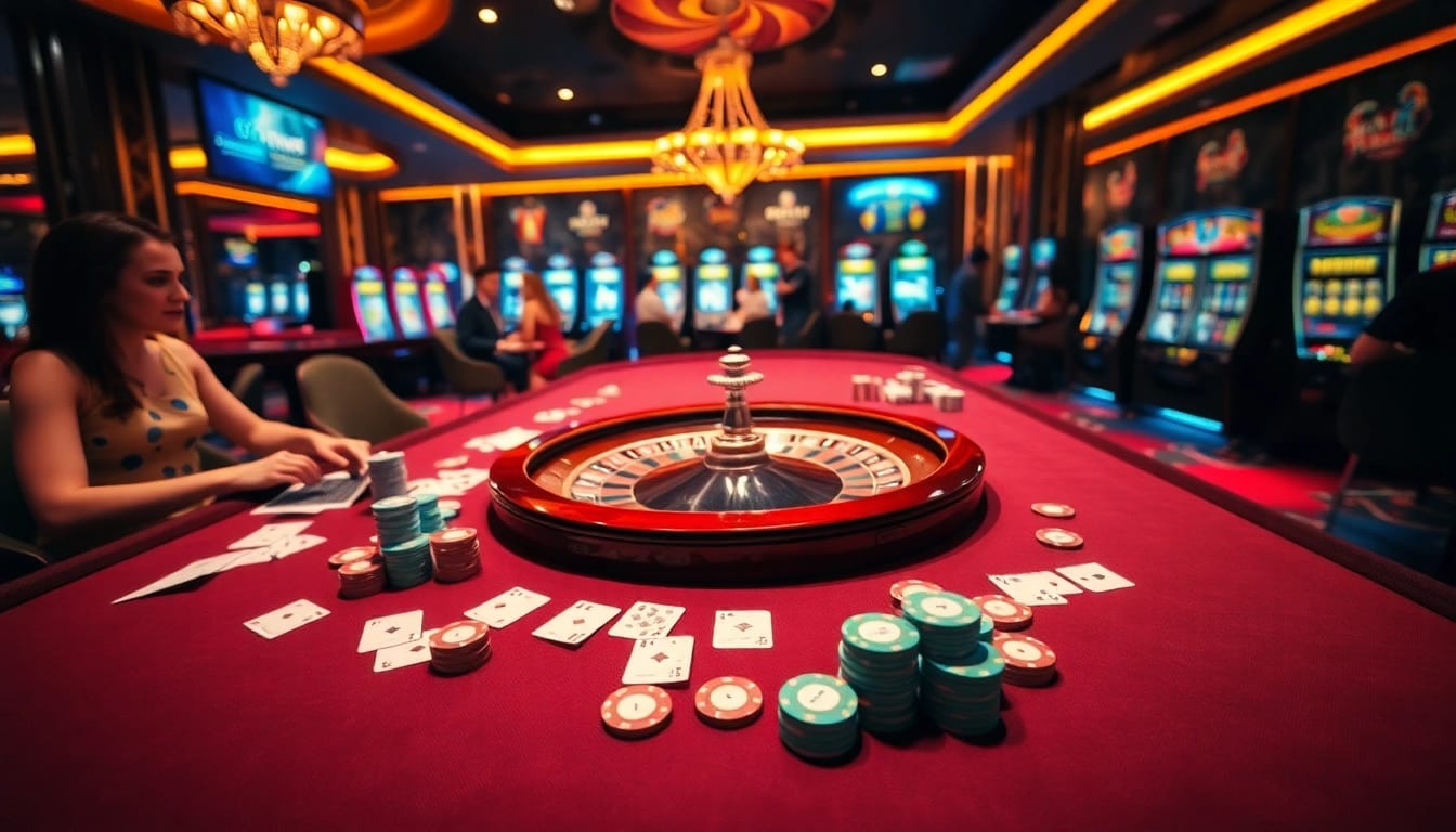 Experience the excitement of mm88.com with vibrant casino gaming tables and roulette wheels.