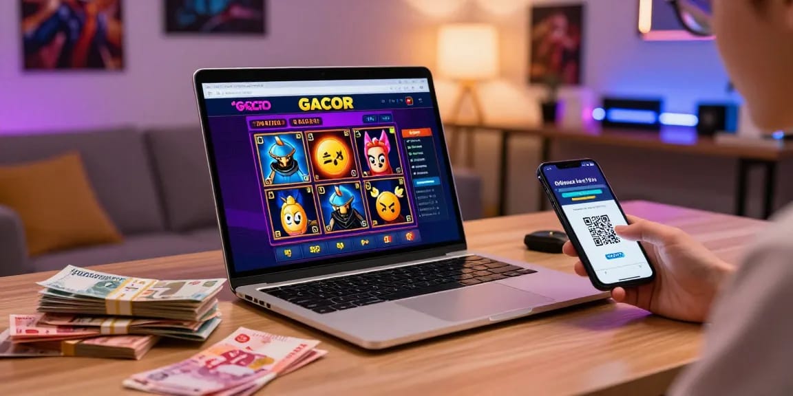 Engaging online slot gaming scene featuring slot depo 1k interface with bright graphics and stacks of currency.