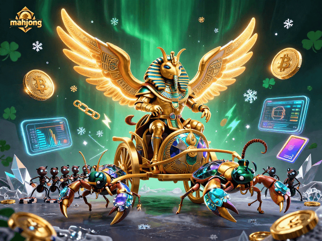 Experience the thrill of mahjong with vibrant 3D illustration of gaming elements and characters.