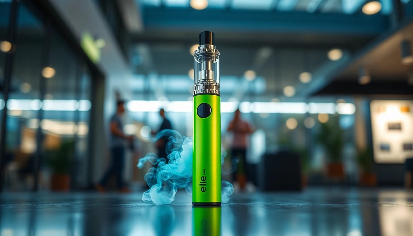 Elf bar elfa in stylish vape display with vibrant colors und modernem urbanem Hintergrund.