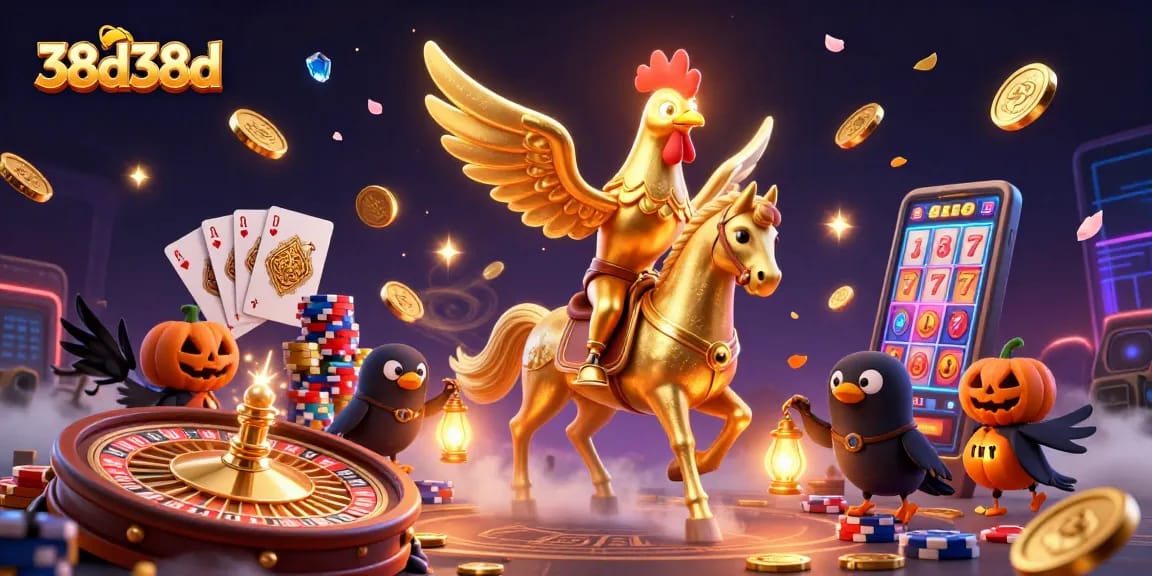 Witness the magic of 38d38d as the golden rooster leads a vibrant casino adventure.