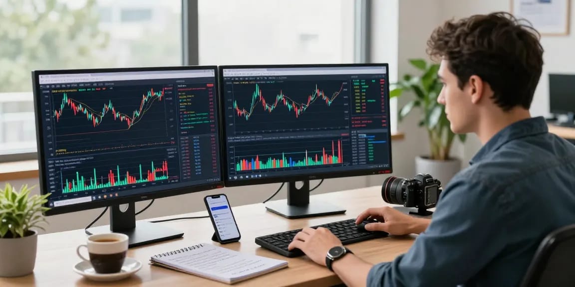 Trader using mt5 with multiple monitors displaying charts and technical analysis in a modern office setting.