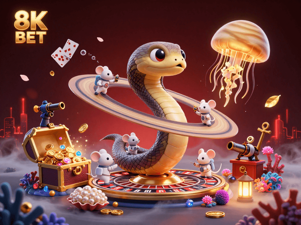 Engage with 8K BET through thrilling cosmic roulette with cartoon characters placing bets.