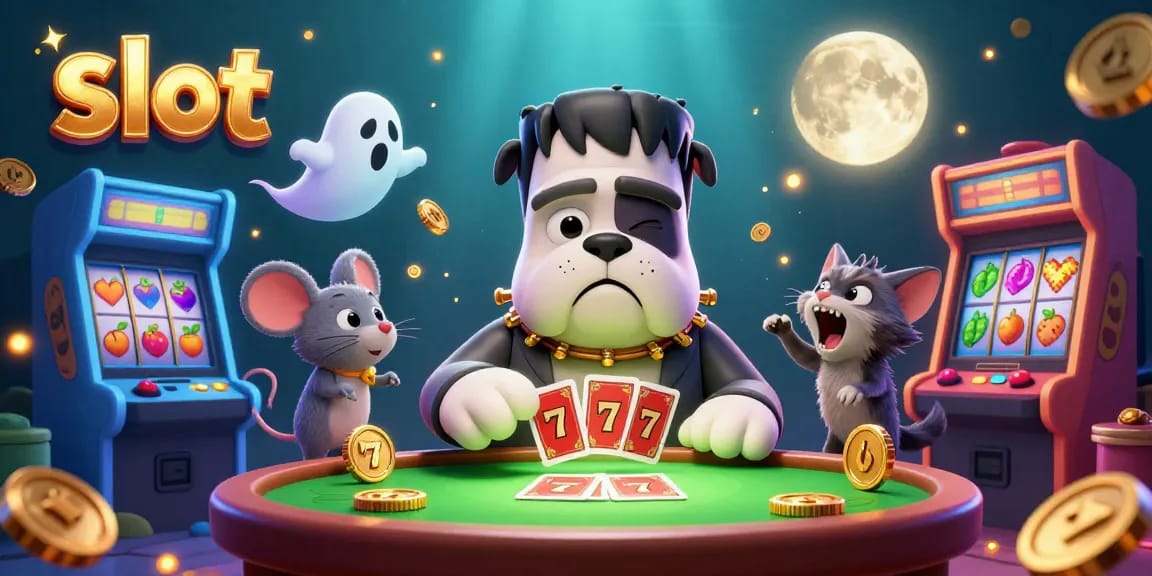 Spin slot reels with a Frankenstein bulldog and ghost mouse at a spooky casino table.