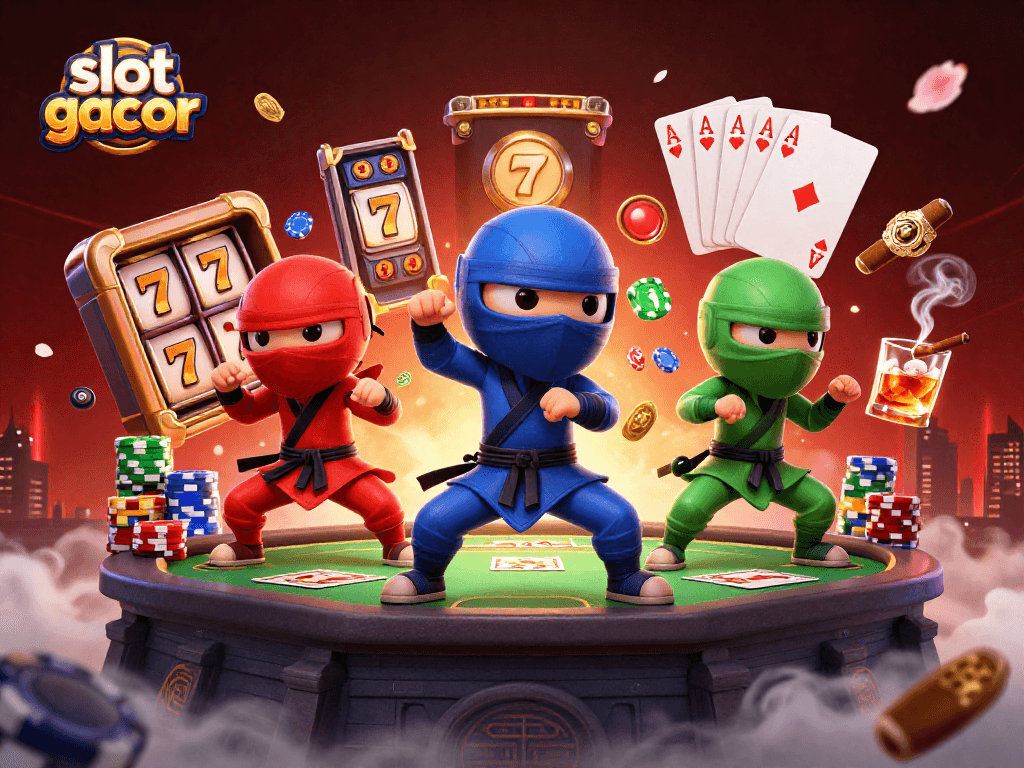 Experience thrilling action with a vibrant slot gacor scene featuring chameleon ninjas and rich casino elements.