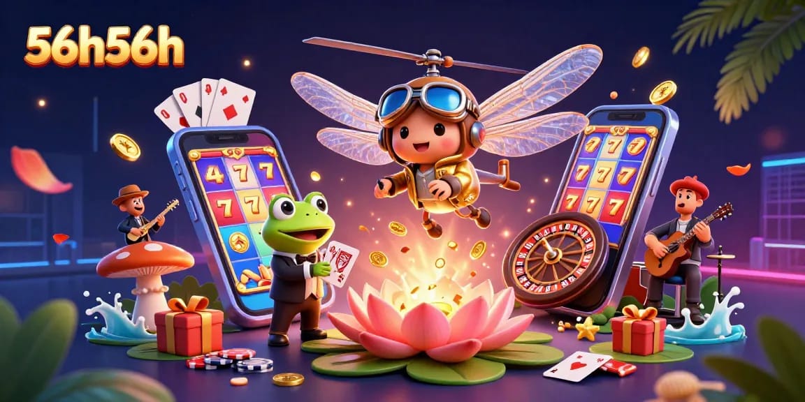 Experience exciting gaming action at 56h56h with a vibrant casino scene featuring frogs and musicians.
