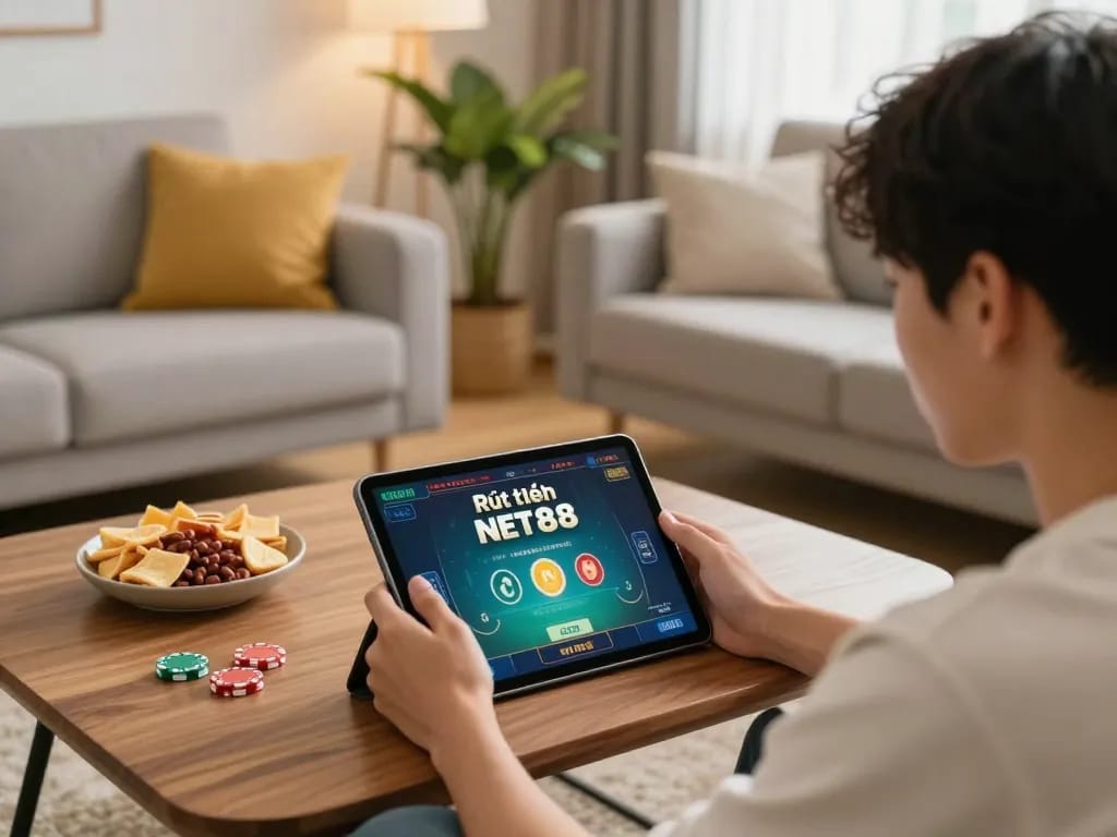 Player initiating Rút tiền NET88 from their tablet in a cozy home environment with engaging gaming atmosphere