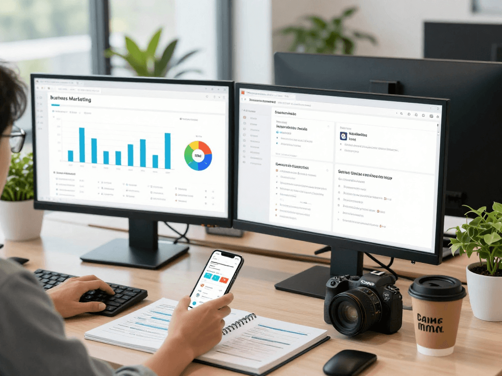 Buy app installs through expert analysis in a modern workspace with app metrics on screens.