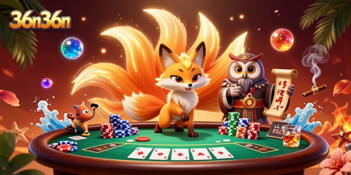 Experience the vibrant 36n36n gaming scene with a colorful poker table and enchanting characters.