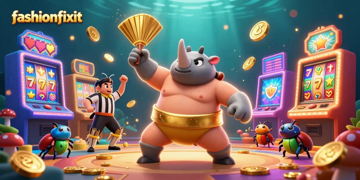 Experience thrilling wins with fashionfixit at a festive casino scene featuring a sumo champion beetle.