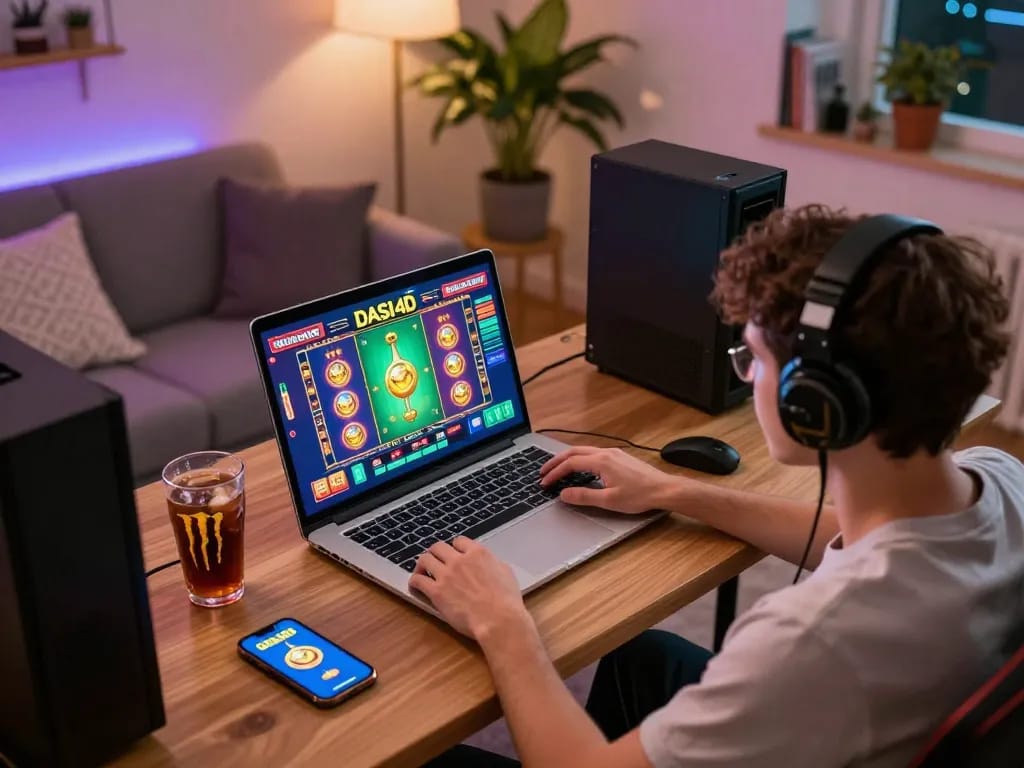 Scene permainan DASI4D menunjukkan seorang pemain yang terlibat dengan permainan slot di laptop sambil menikmati minuman.