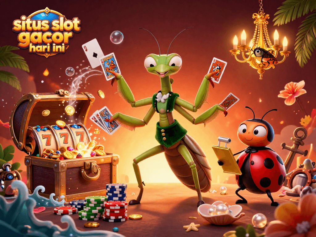 Situs slot gacor hari ini menampilkan ilustrasi kasino animasi dengan karakter canggih dan elemen slot.