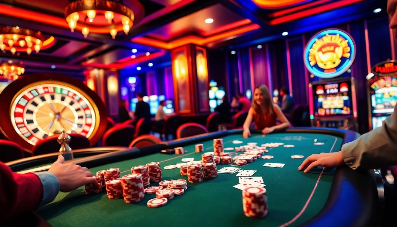 KPI4D players enjoying high-stakes gambling at a luxurious poker table in a vibrant casino atmosphere.