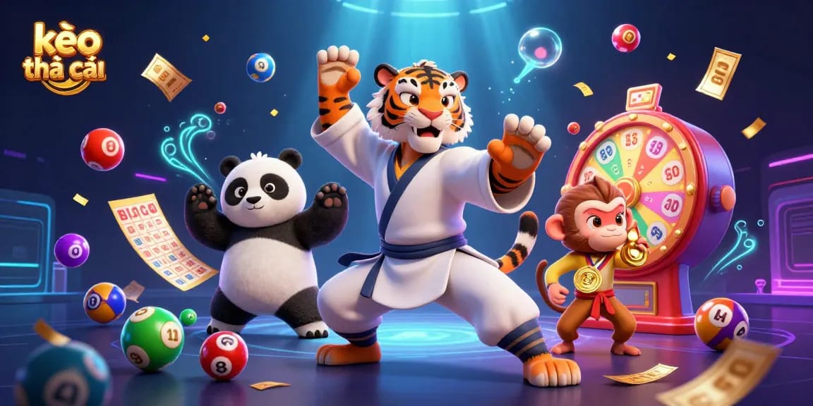 Engage with kèo nhà cái in this colorful 3D illustration depicting dynamic gambling fun.