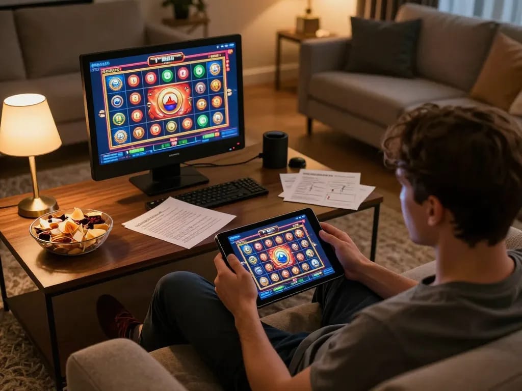 Player engaging with kkwin online casino app on tablet, showcasing winning slot game.