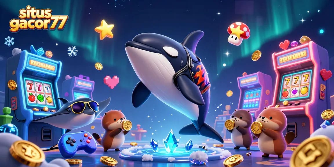 Gambarkan situs gacor77 dengan orca, stingray, dan berang-berang memegang koin emas dalam permainan slot.