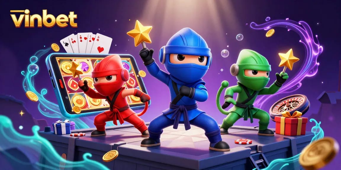 Experience thrilling gameplay at vinbet with a vibrant casino scene featuring dynamic ninjas and engaging gaming elements.