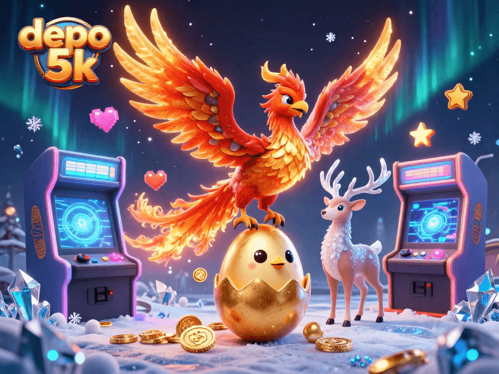 Experience the thrill of depo 5k with a 3D phoenix scene, vivid casino gaming elements, and rich detail.